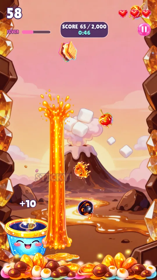 A caramel geyser erupts in Caramel Crater