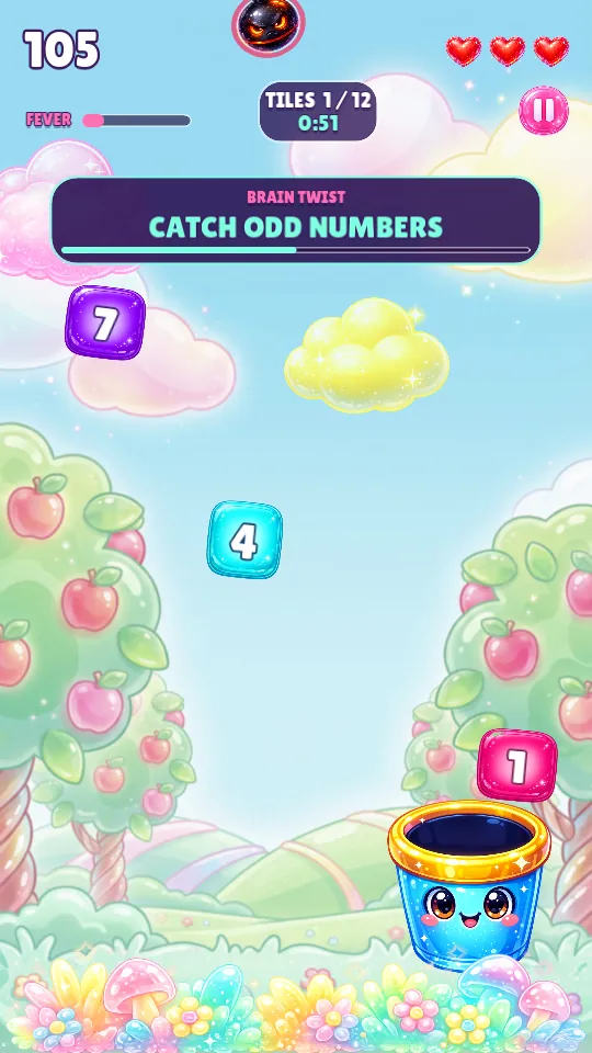 Gameplay: the Brain Twist banner says catch odd numbers, as number tiles fall toward the jelly bucket in Candy Orchard