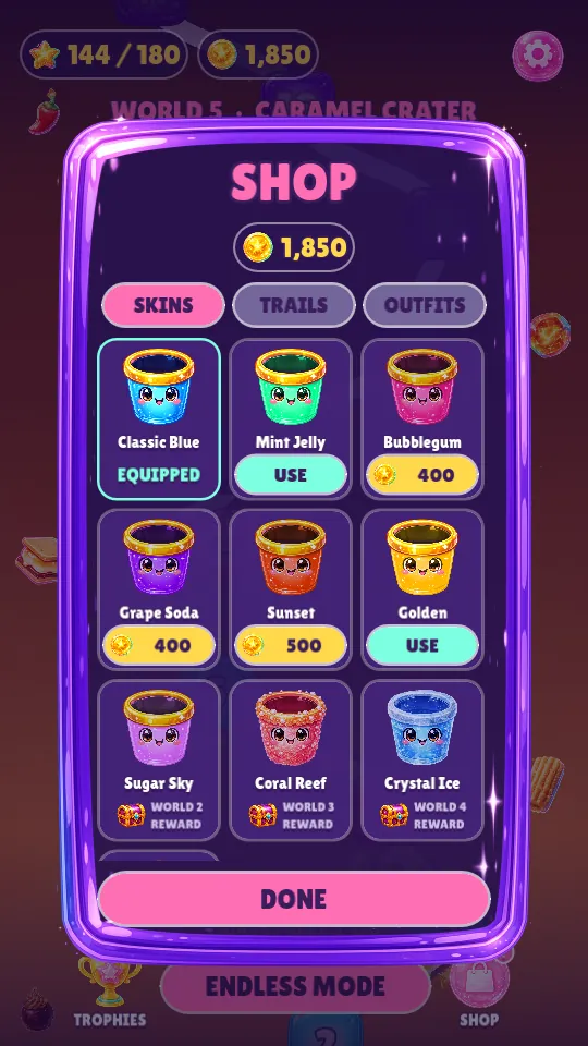 Skins, trails and outfits in the shop